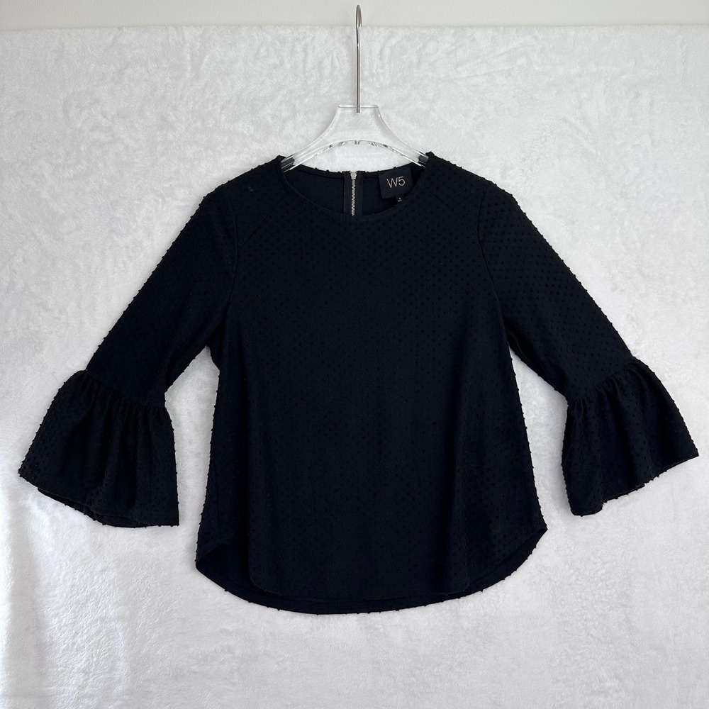 W5 Black Textured Dot Bell Sleeve Zipper Back Top Blouse Size S